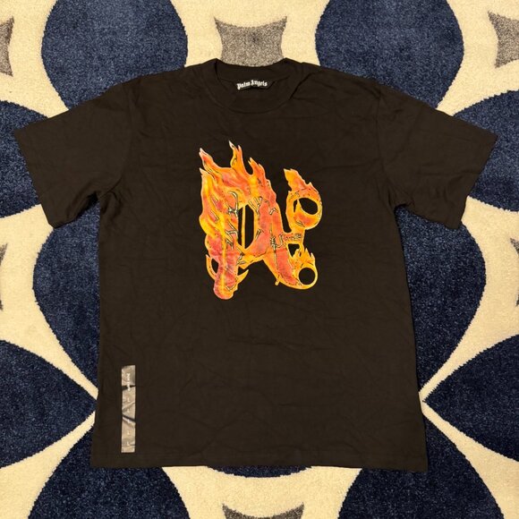 Palm Angels PA Fire Logo Black T-Shirt Size Large - Picture 1 of 4